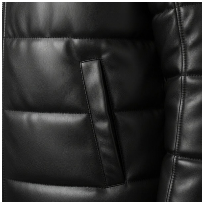 Women's Black Faux Leather Quilted Puffer Jacket
