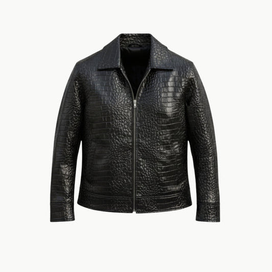 Women's Black Crocodile-Pattern Faux Leather Jacket