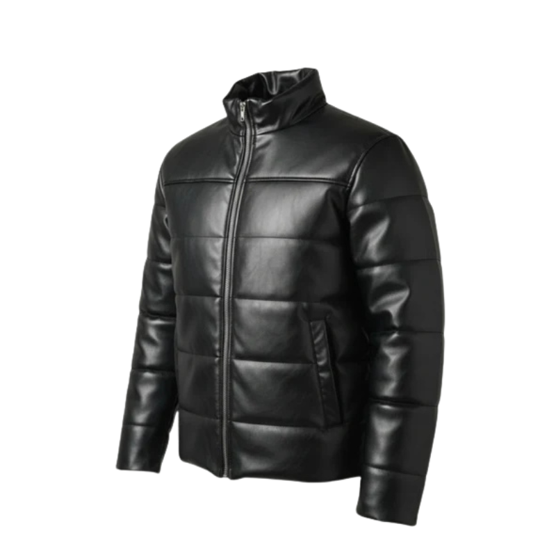 Women's Black Faux Leather Quilted Puffer Jacket