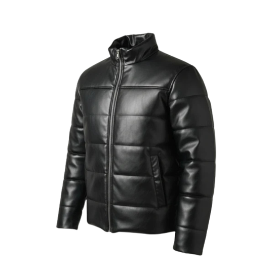 Women's Black Faux Leather Quilted Puffer Jacket
