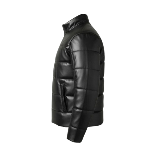 Women's Black Faux Leather Quilted Puffer Jacket