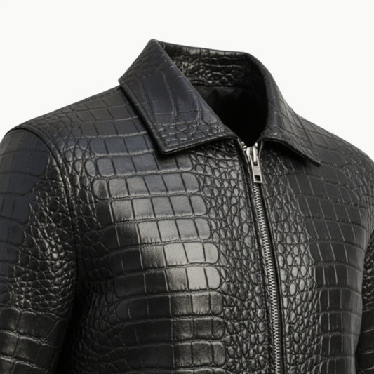 Women's Black Crocodile-Pattern Faux Leather Jacket